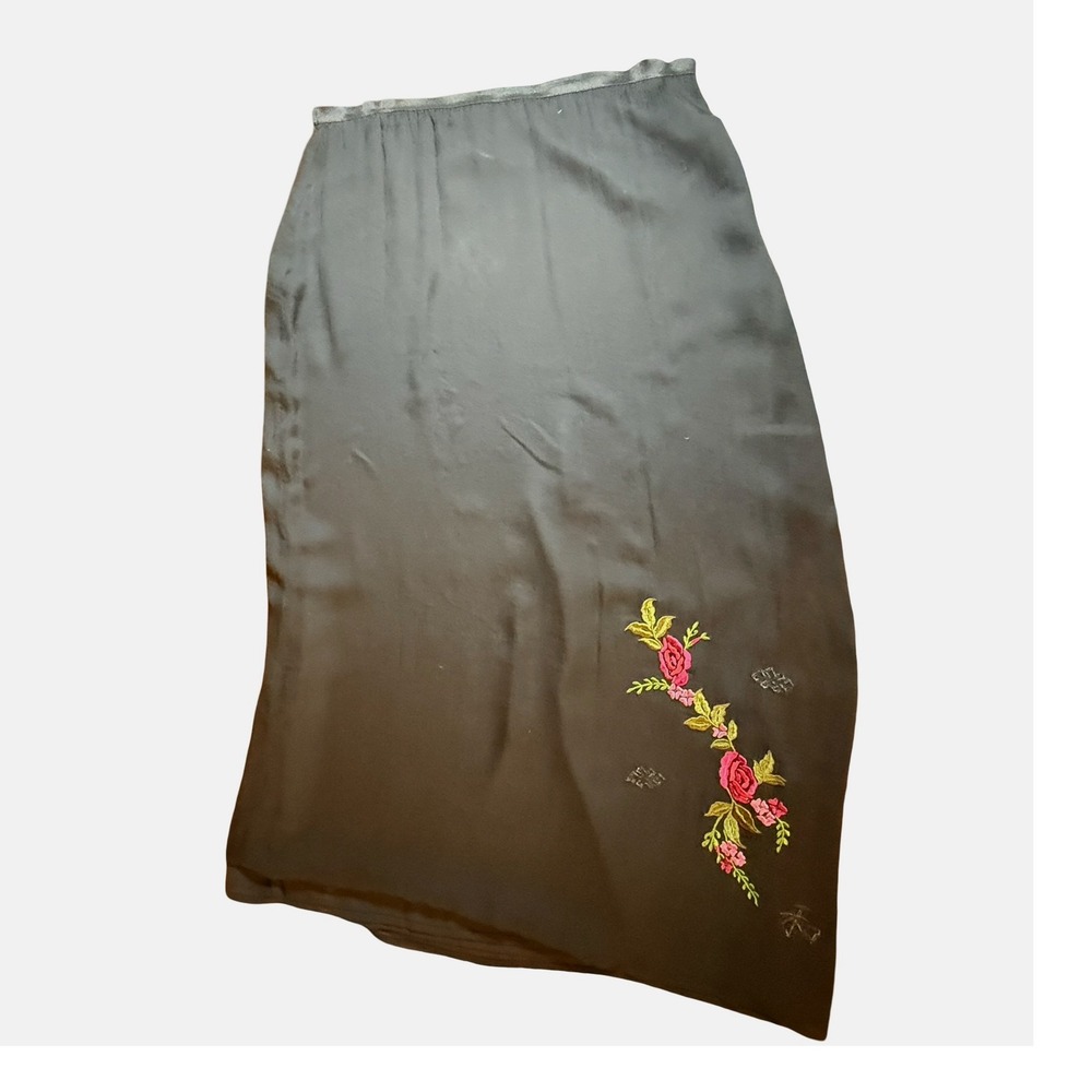 Carole Little Black 100% Silk Crinkle‎ Maxi Skirt Floral Rose Embroidered 12 VTG